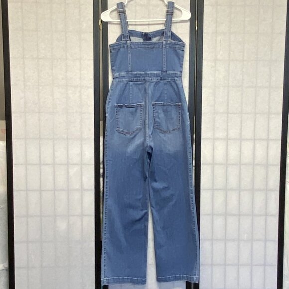 Hollister Strappy Denim Jumpsuit Wide Leg Zip Front Fitted S Faded Jean Overalls - Picture 2 of 12